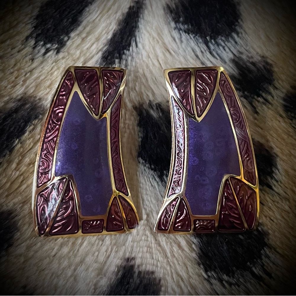 Vintage Edgar Berebi Swirl Enamel Purple and Gold Earrings 80s 90s